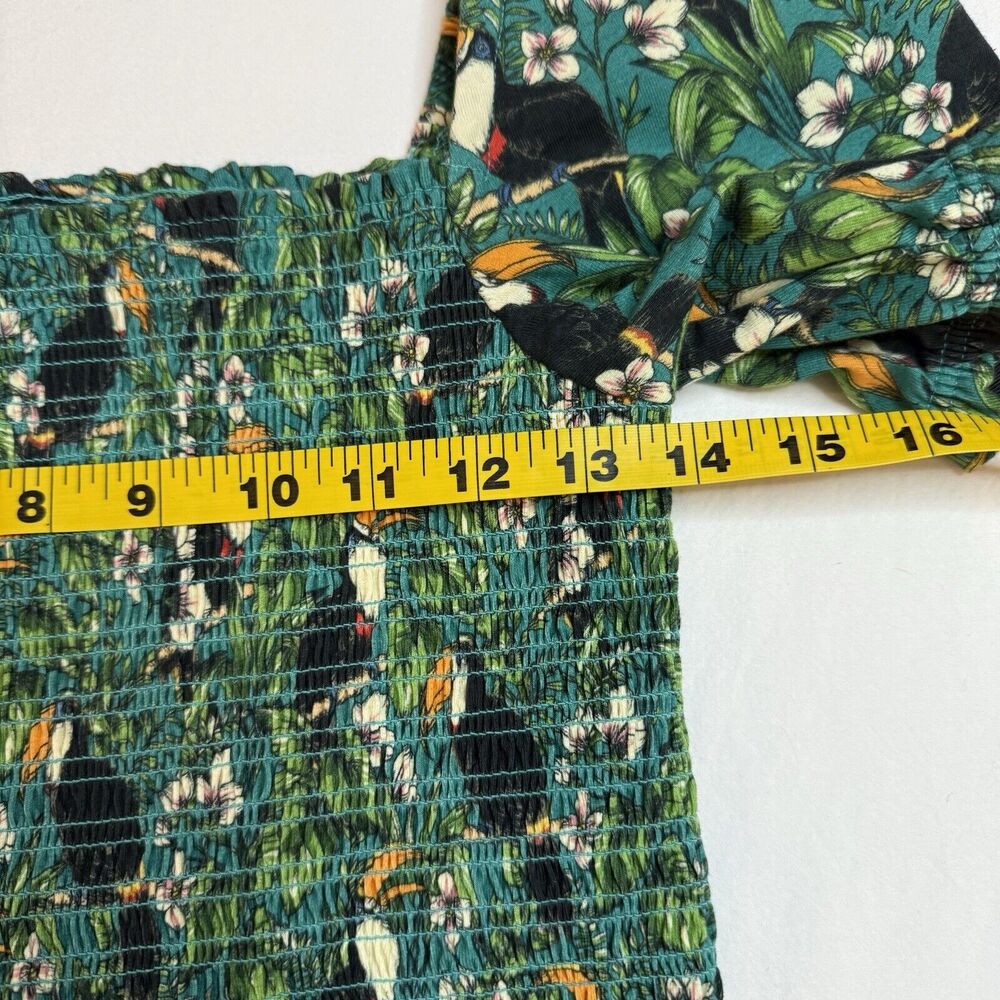 Dolan Left Coast Green Smocked Top Sm Puff Sleeve Tropical Toucan Anthropologie - Picture 6 of 11